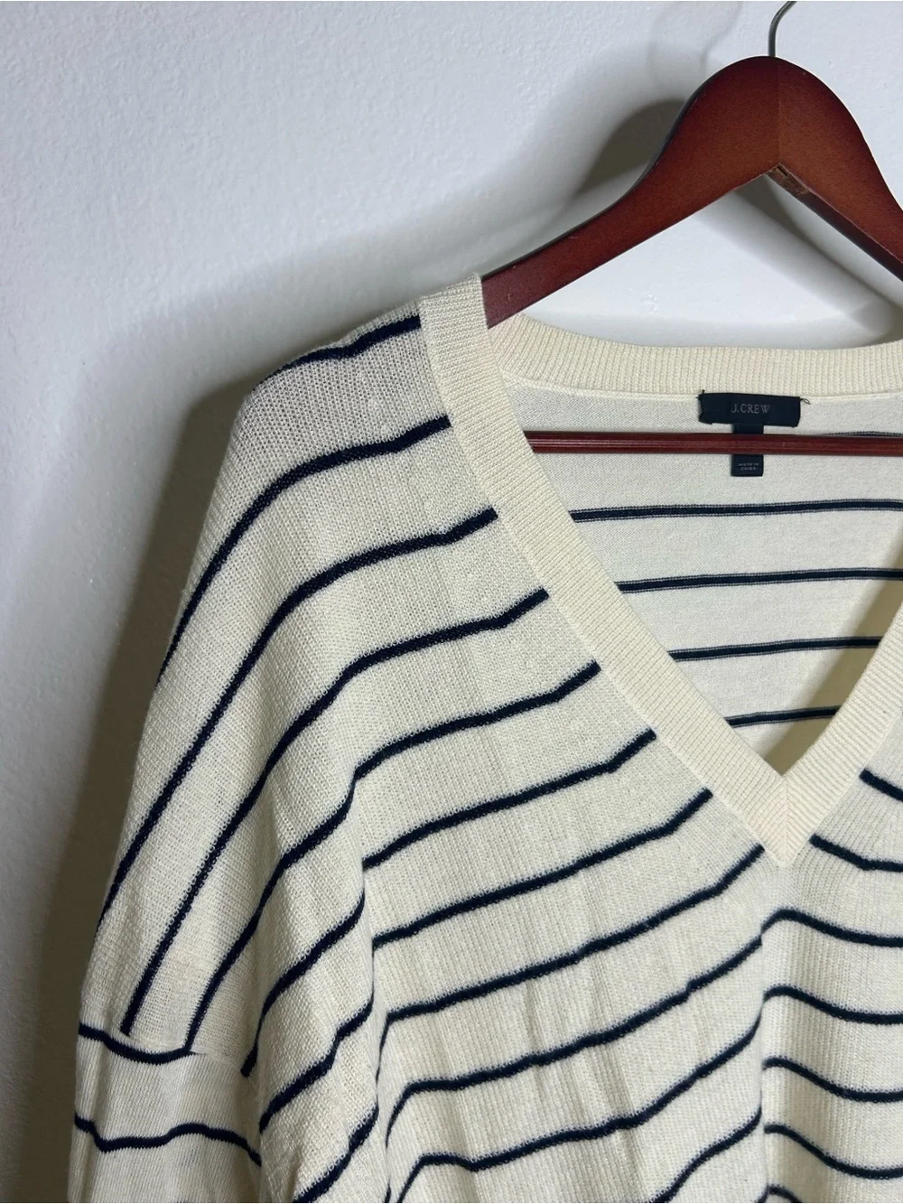 J. Crew Merino Wool Cotton Striped Cream Navy Lightweight V - Neck Sweater